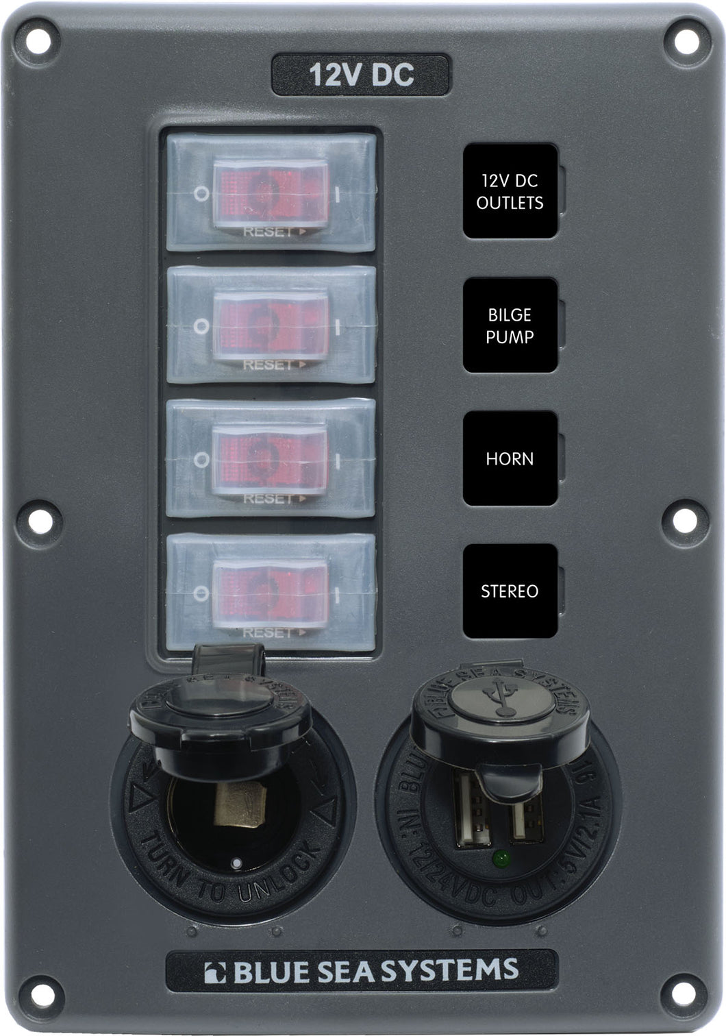 Blue Sea Water-resistant 12v 4 Circuit Breaker Switch Panel With 12v Socket And Dual Usb
